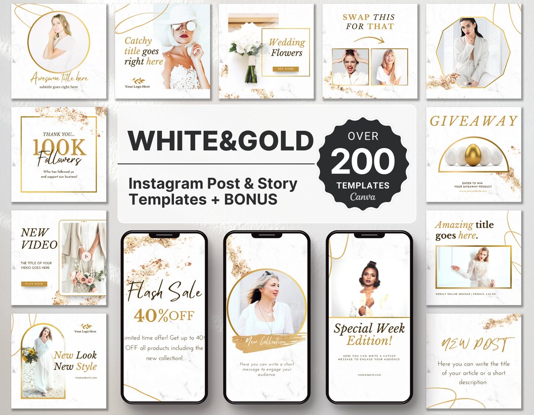 White & Gold Instagram Templates Bundle Kit, Luxury Instagram Branding ...