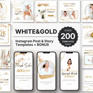 Kit bundle di modelli Instagram bianchi e oro, kit di branding Instagram di lusso, post e storie Instagram, Instagram Canva marmo bianco oro