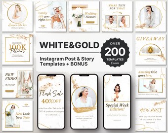Wit en goud Instagram-sjablonenbundelkit, luxe Instagram-brandingkit, Instagram-berichten en -verhalen, witmarmeren goud Instagram Canva
