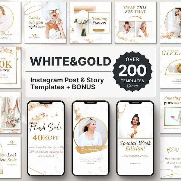 White & Gold Instagram Templates Bundle Kit, Luxury Instagram Branding Kit, Instagram Posts and Stories, White Marble Gold Instagram Canva