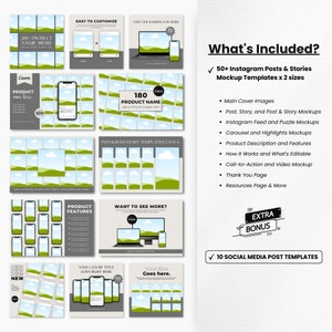 May include: A digital marketing kit for Instagram with 50+ templates for posts and stories. The kit includes mockups for different types of content, such as product descriptions, highlights, and call-to-action videos. The kit also includes 10 social media post templates.