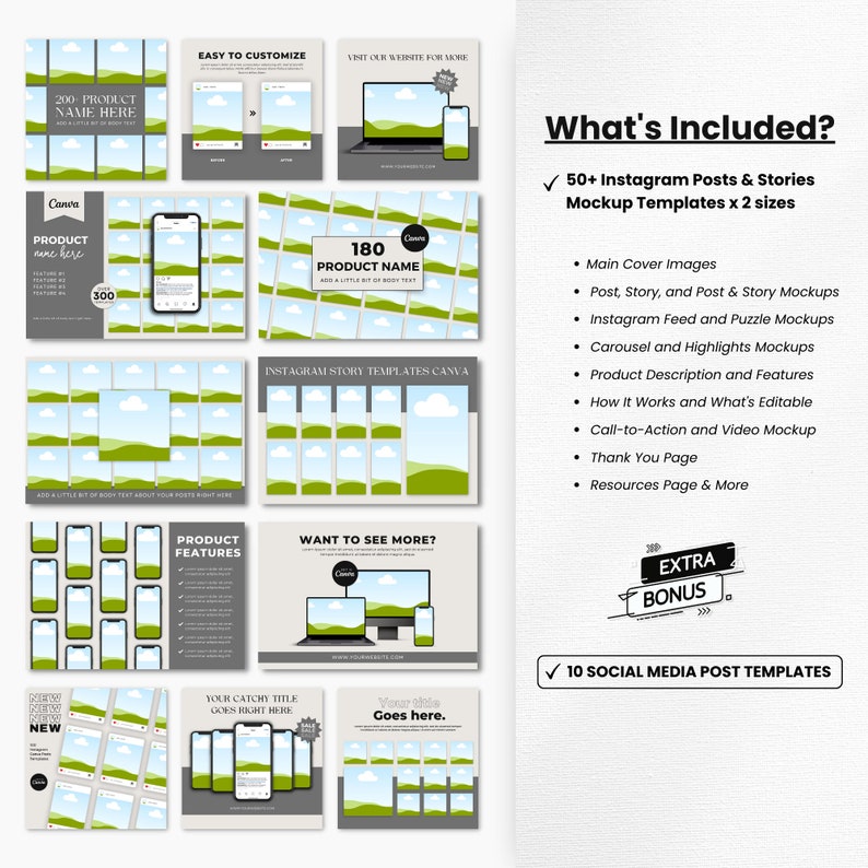 May include: A digital marketing kit for Instagram with 50+ templates for posts and stories. The kit includes mockups for different types of content, such as product descriptions, highlights, and call-to-action videos. The kit also includes 10 social media post templates.