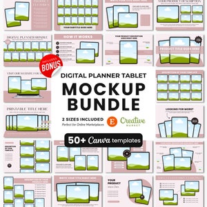 May include: A digital planner tablet mockup bundle with 50+ Canva templates. The image shows a variety of tablet mockups with different backgrounds and layouts. The text "Digital Planner Tablet Mockup Bundle" is displayed in large, bold letters at the top of the image. The text "50+ Canva templates" is displayed in smaller letters below the main title.