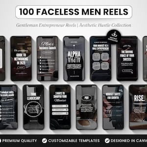 100 Faceless Men Instagram Reels Templates, Masculine Canva Reels, Dark Aesthetic Social Media Reel Videos for Content Creators & Coaches