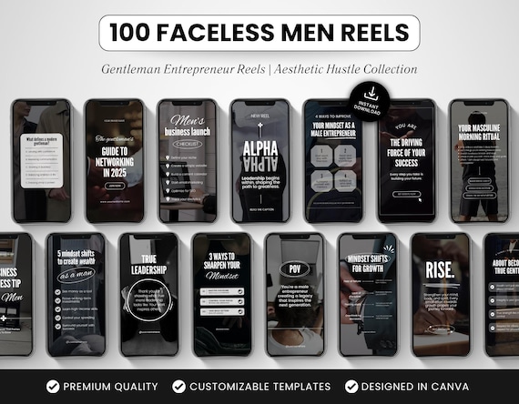 100 Faceless Men Instagram Reels Templates, Masculine Canva Reels, Dark Aesthetic Social Media Reel Videos for Content Creators & Coaches