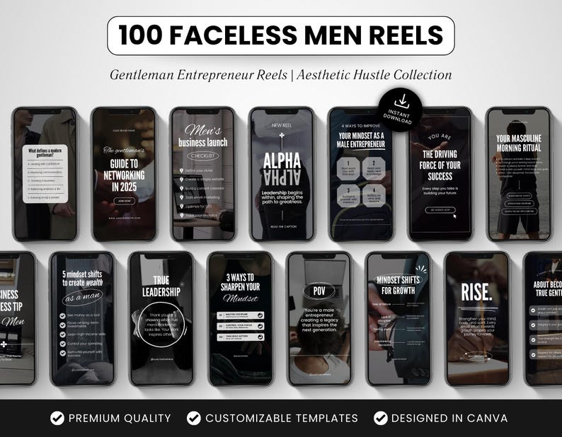 100 Faceless Men Instagram Reels Templates, Masculine Canva Reels, Dark Aesthetic Social Media Reel Videos for Content Creators & Coaches image 1