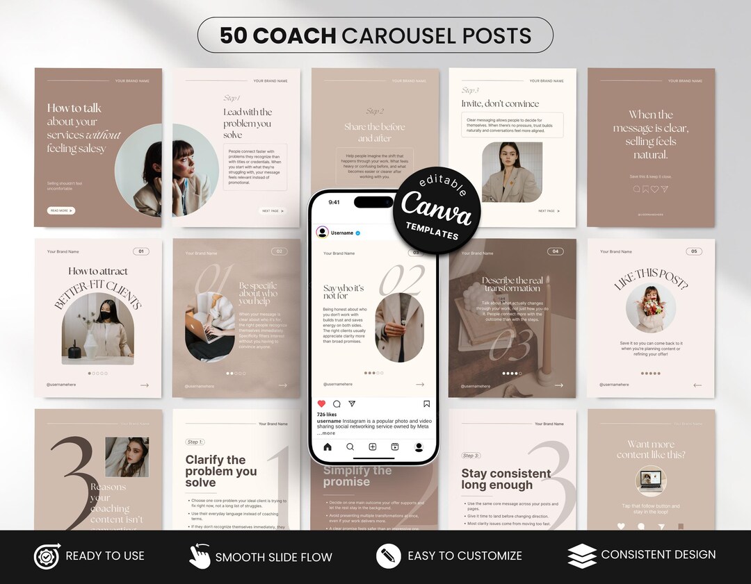 Coach Carousel Instagram Posts, Beige Canva Carousel Templates for ...