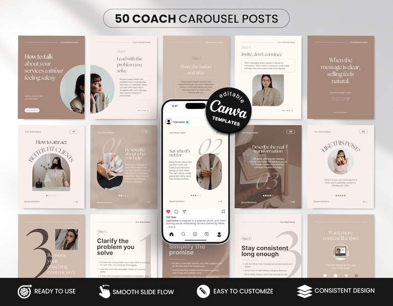 Coach Carousel Instagram Posts, Beige Canva Carousel Templates for ...