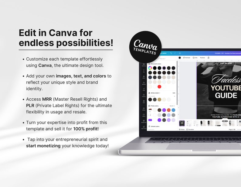 Faceless Youtube Automation with AI Guide with PLR & MRR Edit in Canva Mockup