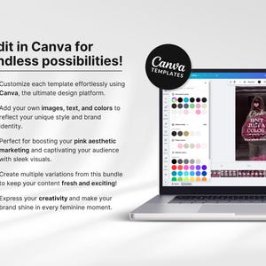 May include: A laptop computer screen displaying the Canva design platform with a pink aesthetic marketing template. The template features a pink background with the text "Pink isn't just a colour, it's a whole vibe."