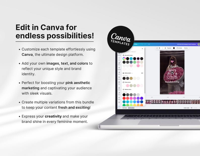 May include: A laptop computer screen displaying the Canva design platform with a pink aesthetic marketing template. The template features a pink background with the text "Pink isn't just a colour, it's a whole vibe."