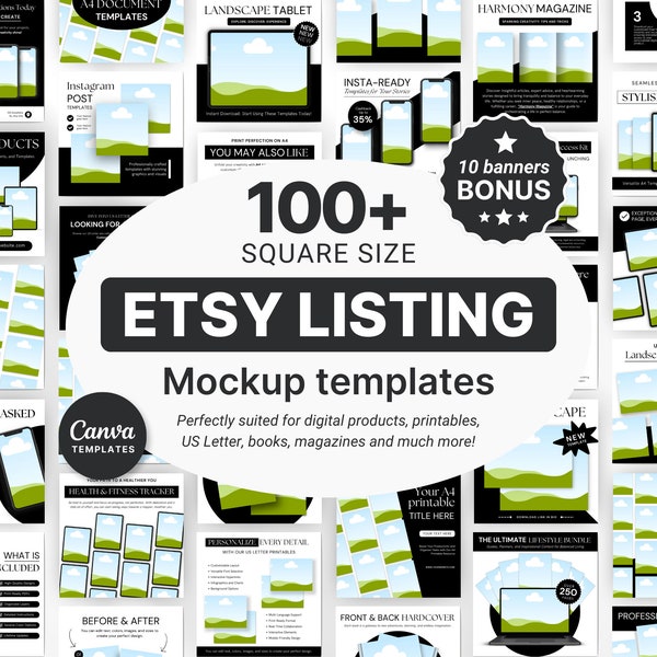 Etsy Digital Listing Mockups Black, Etsy Listing Templates for Digital Products, Etsy Square Listings Canva, Digital Product Mockups Bundle