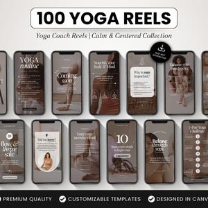 100 yogacoach Instagram-rollensjablonen, bewerkbare canva-meditatierollen, neutrale esthetische sociale media haspelvideo's voor holistisch welzijn
