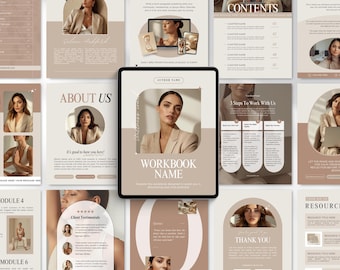 Peut inclure: Une conception de cahier d'exercices numérique avec une palette de couleurs neutres. Un écran central affiche le titre "WORKBOOK NAME" et une image de femme. Les pages environnantes comprennent des sections de contenu, des témoignages et les mots "ABOUT US" et "THANK YOU".