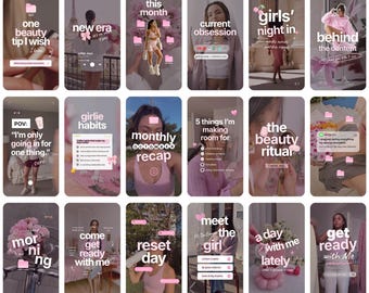 May include: A collection of eighteen vertical digital social media story templates featuring a soft pink and neutral color palette, overlaid with white text, folder icons, and various lifestyle imagery including clothing, flowers, and daily routines.