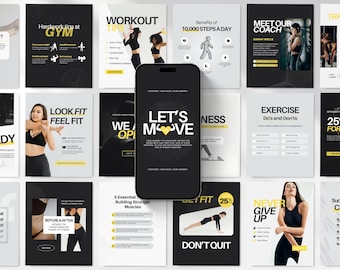 Fitness Instagram Templates Bundle Kit, Gelbe Fitness Coach Canva Template, Social Media Branding Kit für Trainer, Instagram Posts Stories