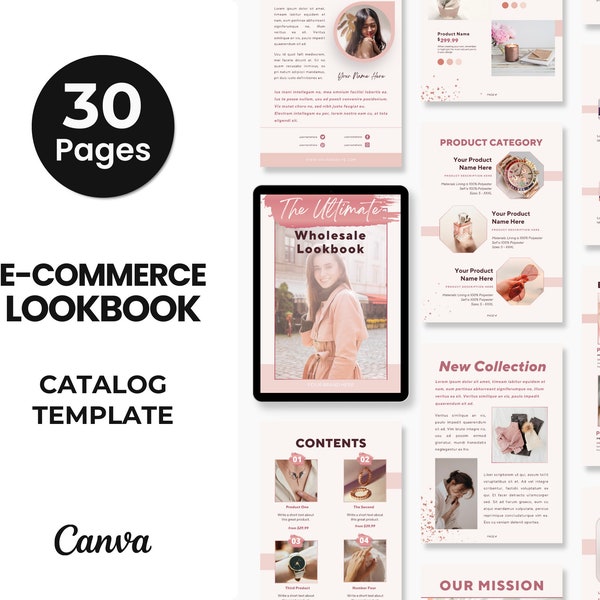 E-commerce Product Catalog Template Canva Rose Gold, Wholesale Lookbook Canva Template, Product Ebook Template, Seller Catalog Template Pink