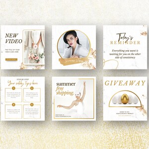 White & Gold Instagram Templates Bundle Kit 6 posts mockup