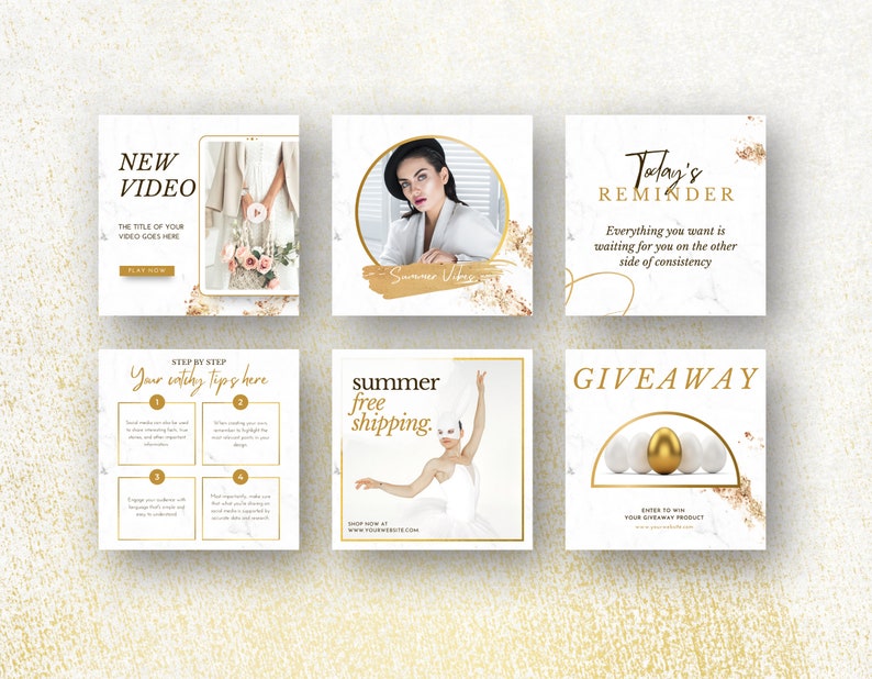 White & Gold Instagram Templates Bundle Kit 6 posts mockup