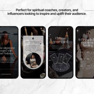 May include: A series of four smartphone screens with spiritual and wellness content. The screens feature text like "Mystical Wisdom Quote," "Did You Know?", "Choose your card," and "6 Crystals for emotional healing." The overall theme is centered around self-care and guidance.