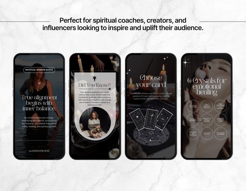May include: A series of four smartphone screens with spiritual and wellness content. The screens feature text like "Mystical Wisdom Quote," "Did You Know?", "Choose your card," and "6 Crystals for emotional healing." The overall theme is centered around self-care and guidance.