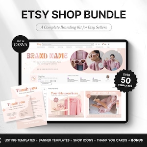 Etsy Shop Bundle Canva-mallar, Etsy Branding Kit för modemärken, Redigerbara Etsy-banner- och listmallar, Peach Pink Shop Kit bild 1