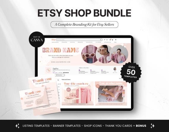 Etsy Shop Bundle Canva Templates, Etsy Branding Kit for Fashion Brands, Editable Etsy Banner & Listing Templates, Peach Pink Shop Kit