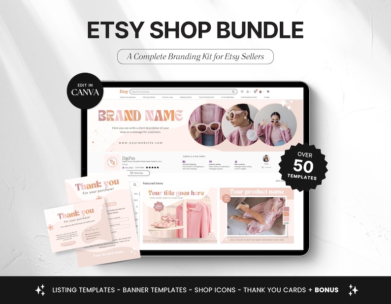 Etsy Shop Bundle Canva-mallar, Etsy Branding Kit för modemärken, Redigerbara Etsy-banner- och listmallar, Peach Pink Shop Kit bild 1
