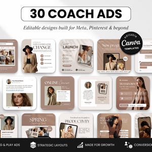 Coach Static Ad Templates Canva, Neutral Aesthetic Meta Ads for Coaches & Course Creators, Editable Facebook and Instagram Ads Marketing Kit