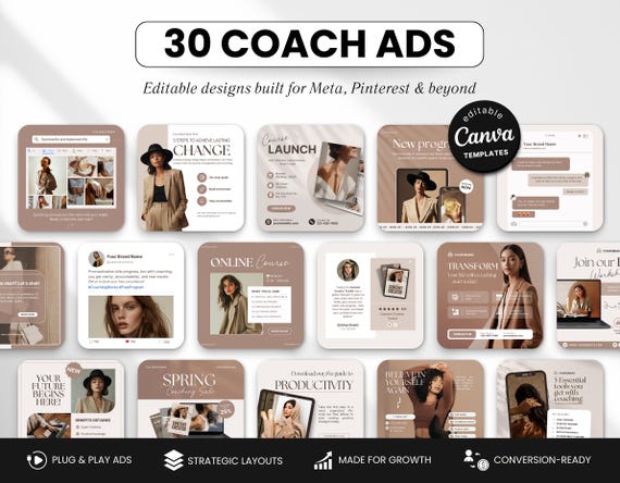 Coach Static Ad Templates Canva, Neutral Aesthetic Meta Ads for Coaches & Course Creators, Editable Facebook and Instagram Ads Marketing Kit