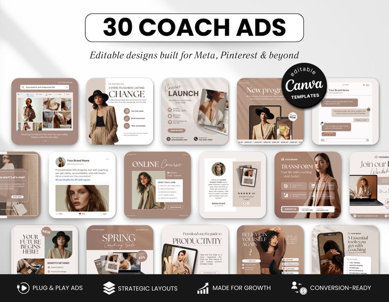 Statische advertentiesjablonen voor coaches Canva, neutrale esthetische metaadvertenties voor coaches en makers van cursussen, bewerkbare Facebook- en Instagram-advertenties Marketingkit afbeelding 1