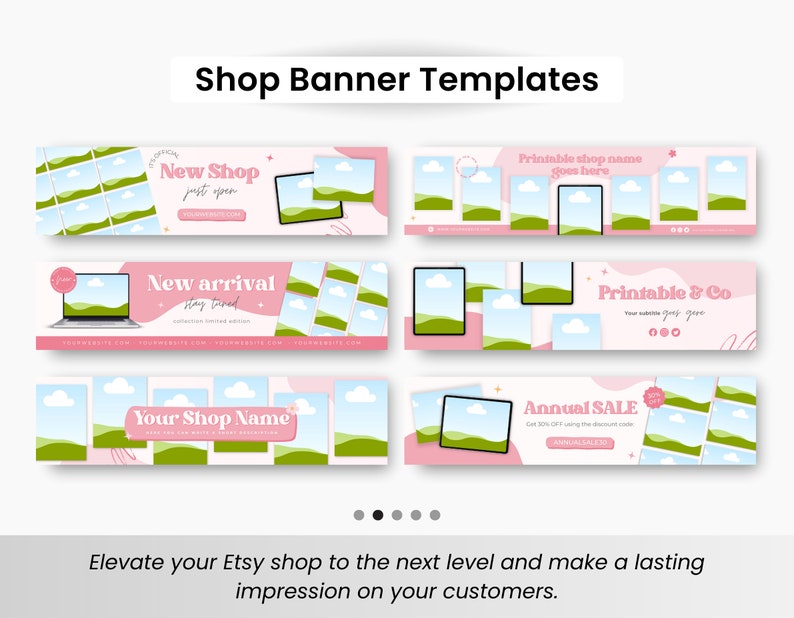 May include: Four Etsy shop banner templates with a pink and green color scheme. The banners feature a landscape scene with clouds and hills. The text on the banners includes "New Shop", "New Arrival", "Your Shop Name", "Printable Shop Name", "Printable & Co", and "Annual Sale".