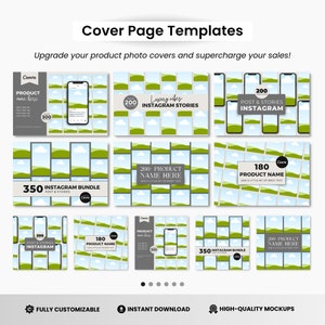 May include: A set of 10 Instagram post and story templates featuring a green and blue landscape design. The templates are customizable and include mockups. The text on the templates reads "Luxury vibes Instagram Stories", "200 Post & Stories Instagram", "350 Instagram Bundle Post & Stories", "200-Product Name Here", "180 Product Name", "Product Name", "200-Product Name Here", and "180 Product Name".