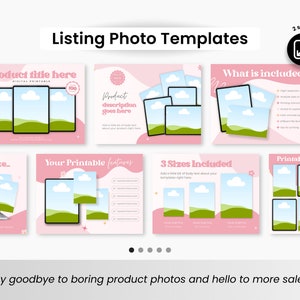 May include: Pink and white digital product listing templates with a green and blue landscape scene. The text "Product title here" and "Product description goes here" are included in the templates. The text "2 sizes included" and "3 sizes included" are also included in the templates.