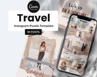 Travel Blogger Instagram Puzzle Template, Travel Instagram Feed Template, Instagram Puzzle Canva Template Beige, IG Grid Posts Templates Tan