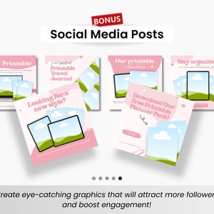 May include: Four social media post templates with a pink background and a green landscape design. The text on the posts includes "New Printable", "Printable Travel Journal", "Our Printable Calendars", and "Stay Organized".