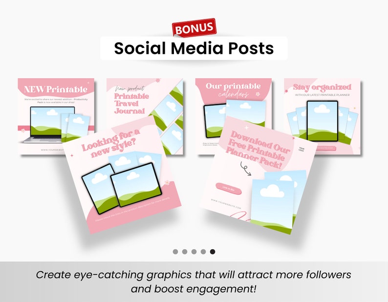 May include: Four social media post templates with a pink background and a green landscape design. The text on the posts includes "New Printable", "Printable Travel Journal", "Our Printable Calendars", and "Stay Organized".