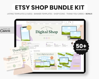 Pakiet szablonów sklepu cyfrowego Etsy, zestaw do brandingu sklepu z produktami cyfrowymi Etsy, szablon aukcji Etsy dla produktów cyfrowych, makiety cyfrowe Etsy