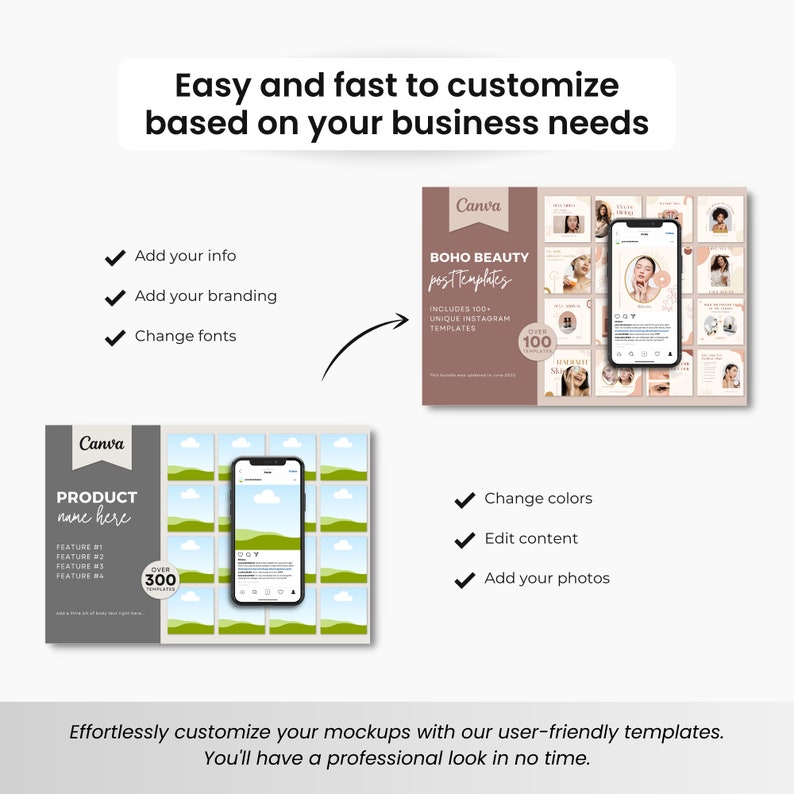 May include: A Canva template for social media posts with a boho aesthetic. The template features a grid of 100 unique Instagram post designs with a neutral color palette of brown, beige, and white. The text on the template reads "Boho Beauty Post Templates" and "Includes 100 Unique Instagram Templates".