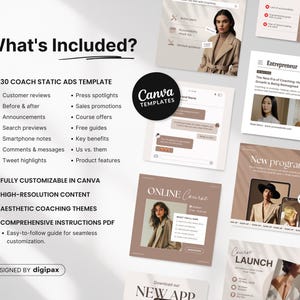 Op de afbeelding: Een digitaal marketing sjabloonpakket voor Canva, met een reeks promotiematerialen in een neutraal kleurenpalet. Het ontwerp omvat social media posts en website mockups. Tekst bevat "What's Included?" en "Canva Templates."