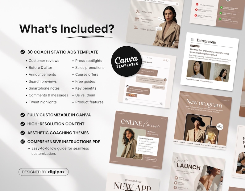 Op de afbeelding: Een digitaal marketing sjabloonpakket voor Canva, met een reeks promotiematerialen in een neutraal kleurenpalet. Het ontwerp omvat social media posts en website mockups. Tekst bevat "What's Included?" en "Canva Templates."
