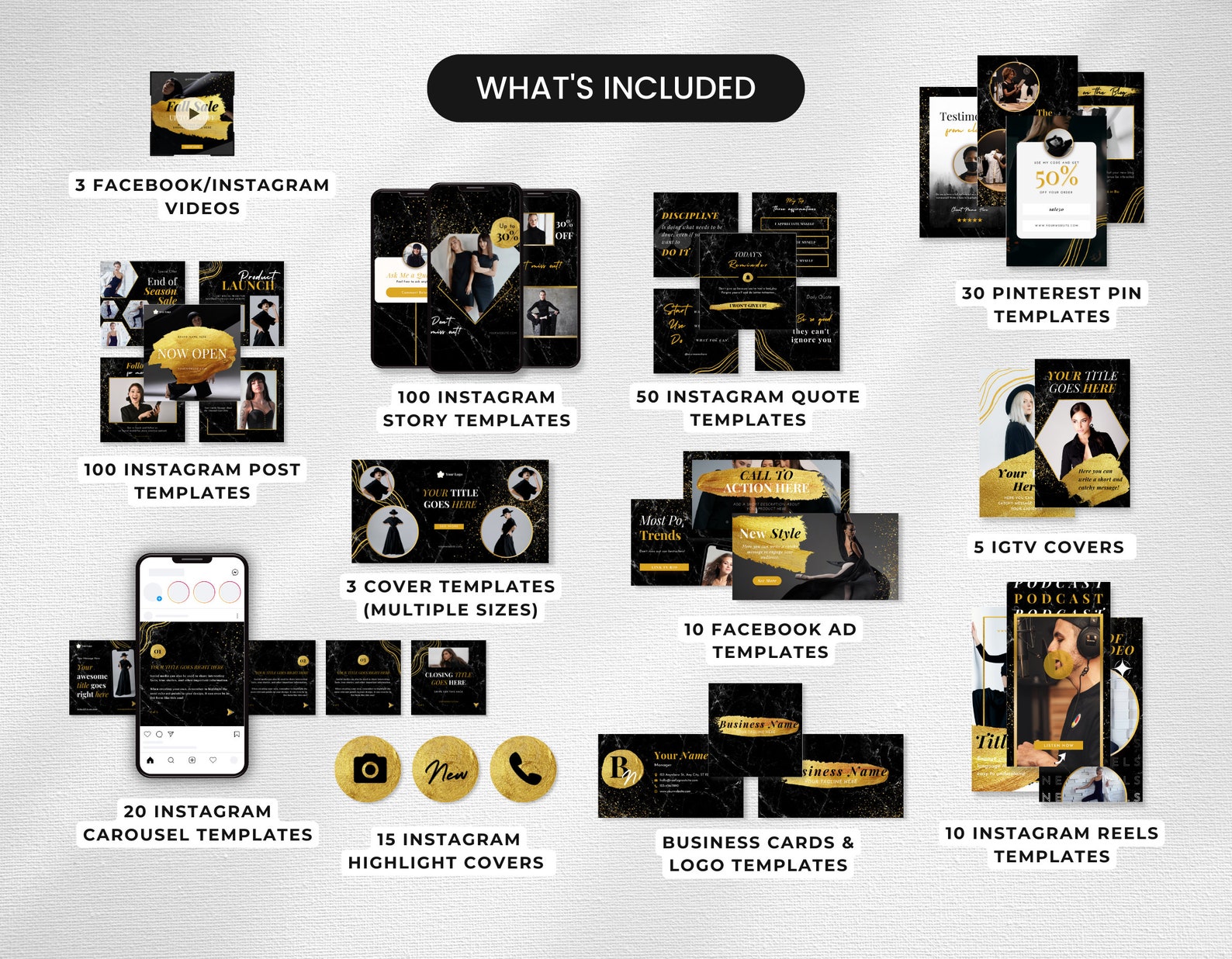 Ultimate Black & Gold Social Media Templates Bundle Kit, Luxury Social ...