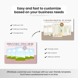 May include: A mockup showing how to customize a digital planner template. The template is for Goodnotes and Notability and includes a monthly planner, daily to-do list, and a blank page. The mockup also shows how to customize a printable template with a title, text, and images.