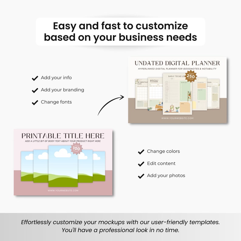 May include: A mockup showing how to customize a digital planner template. The template is for Goodnotes and Notability and includes a monthly planner, daily to-do list, and a blank page. The mockup also shows how to customize a printable template with a title, text, and images.