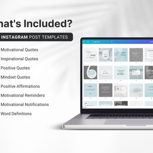 May include: A laptop displays a digital design with motivational quotes. The screen shows a grid of Instagram post templates in shades of blue and gray. The text "What's Included?" and "100 INSTAGRAM POST TEMPLATES" are visible.