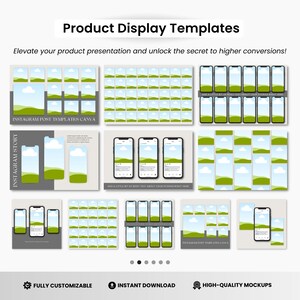 May include: A set of Instagram post and story templates featuring a green and blue landscape with clouds. The templates are fully customizable and can be used to promote products or services. The text on the image reads "Instagram Post Templates Canva".