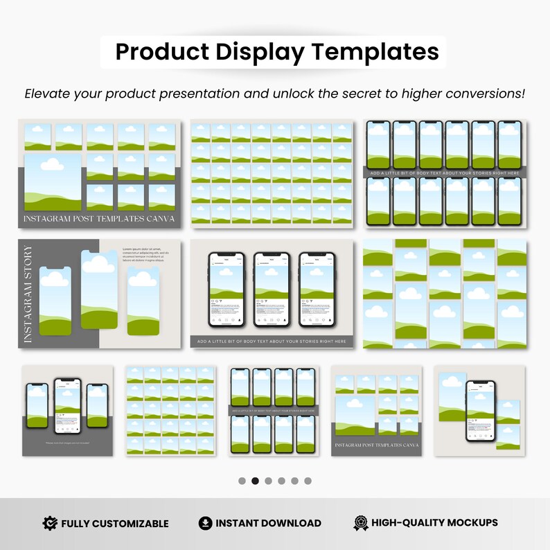 May include: A set of Instagram post and story templates featuring a green and blue landscape with clouds. The templates are fully customizable and can be used to promote products or services. The text on the image reads "Instagram Post Templates Canva".