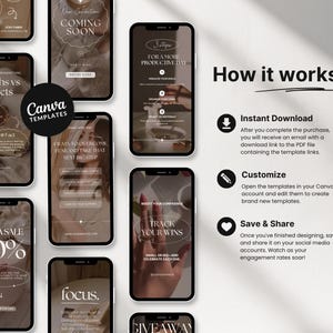 May include: A collection of smartphone screens displaying Canva templates with text like "Coming Soon," "Myths vs Facts," and "Mega Sale 50%." The design features a neutral color palette with elegant fonts, promoting digital marketing content.