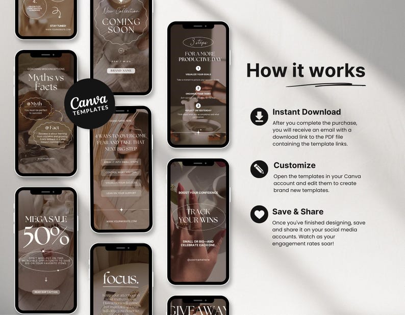 May include: A collection of smartphone screens displaying Canva templates with text like "Coming Soon," "Myths vs Facts," and "Mega Sale 50%." The design features a neutral color palette with elegant fonts, promoting digital marketing content.