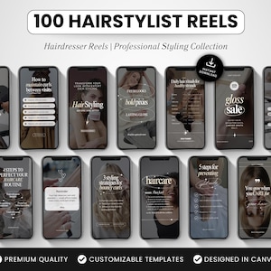 Peut inclure: Image promotionnelle de 100 modèles de Reels pour coiffeurs, présentés sur des smartphones. Les modèles abordent des sujets tels que le coiffage et les soins capillaires. La conception comprend du texte et des images, avec une palette de couleurs neutres.